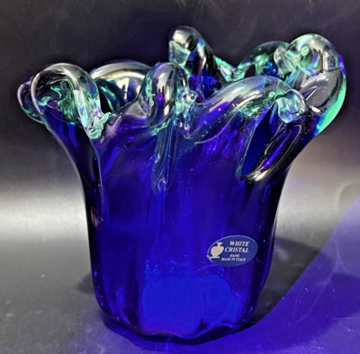 Murano Italy White Crystal  Vase Green Cased Blue Wave Rim w Sticker