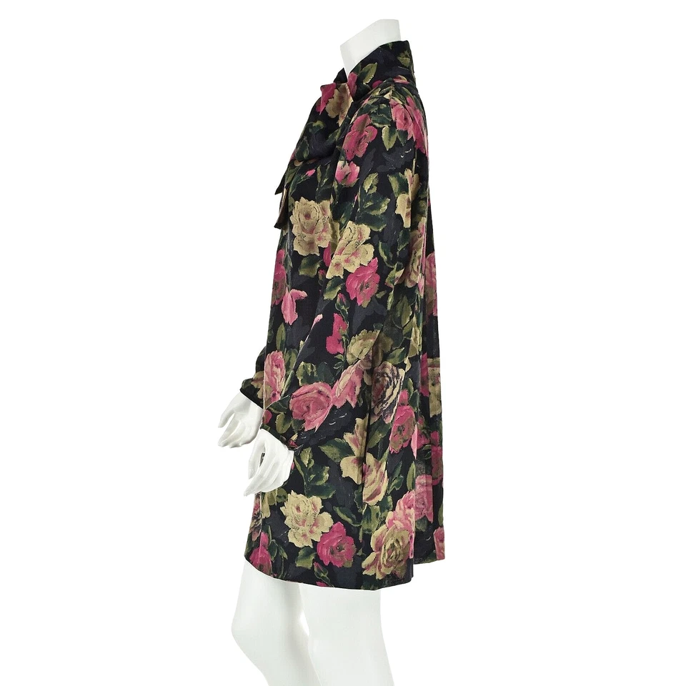 EMANUEL UNGARO Black Wool Challis with Pink Cabbage Roses Mini Dress SZ US 10-12 - Image 4 of 4