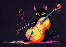 ACEO Mini *Art Print* Black Baby Cat Kitten Playing a Cello/ Music by Saulite