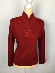 Dressbarn Red Beaded Metallic Sparkles V Neck Pullover Sweater Sz