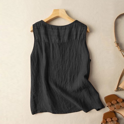 Sommer Frauen ärmellose Tank Tops solide Baumwolle Knopf Shirts Cami Bluse - Bild 7 von 15