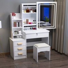 White Makeup Desk Large Dressing Table Dimmable LED Mirror With Stool Qqanoaewci