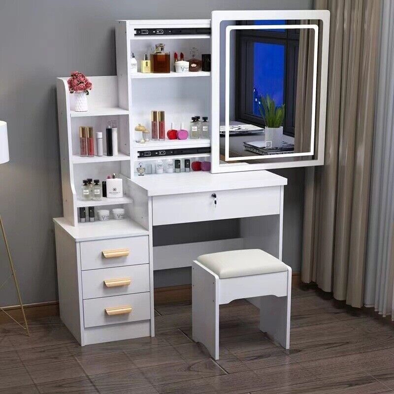 UNDRANDED Dressing Table LED Light Cosmetic Table with Flip Up Mirror, 2 Drawers and Compartments, Modern Vanity Makeup Writing Desk with Make-up Stool - White 23 White Makeup Desk Large Dressing Table Dimmable LED Mirror With Stool Qqanoaewci
