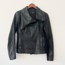 Lamarque 100% Genuine Leather Black Jacket With Large Lapel Collar Side Zipper M