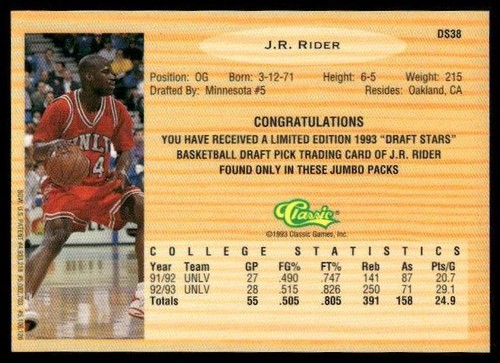 Classic Draft Picks 1993 #DS38 J.R. Rider Chromium Draft Stars - Imagen 2 de 2