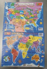 1999 2000 Puzzle World United States USA World Map Atlas-2Frame Tray Puzzles-NEW