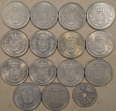 Denmark 15 5 Kroner 1960,61,62,63,64,65,66,67,68,71,72,75,76,77,+ 90 XF-BU