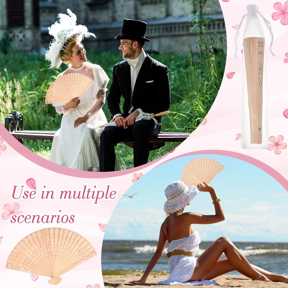 100 Piezas Ventiladores de Mano de Madera con 100 Piezas Bolsas de Regalo de Organza Ventiladores de Boda Madera F... Foto 2 de 4