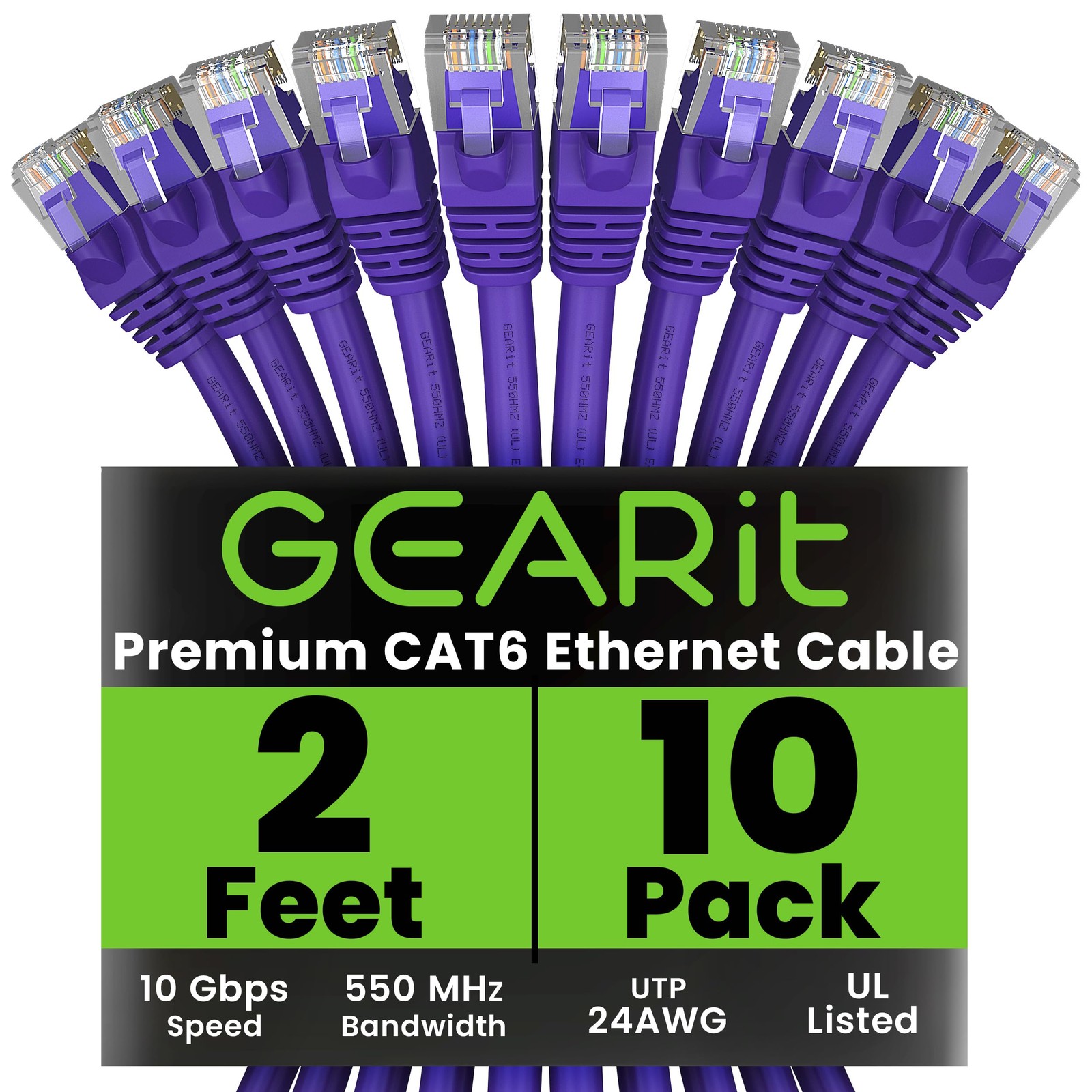 10-Pack 2ft Cat6 Ethernet Cable 10Gbps RJ45 Snagless Network Patch Cables