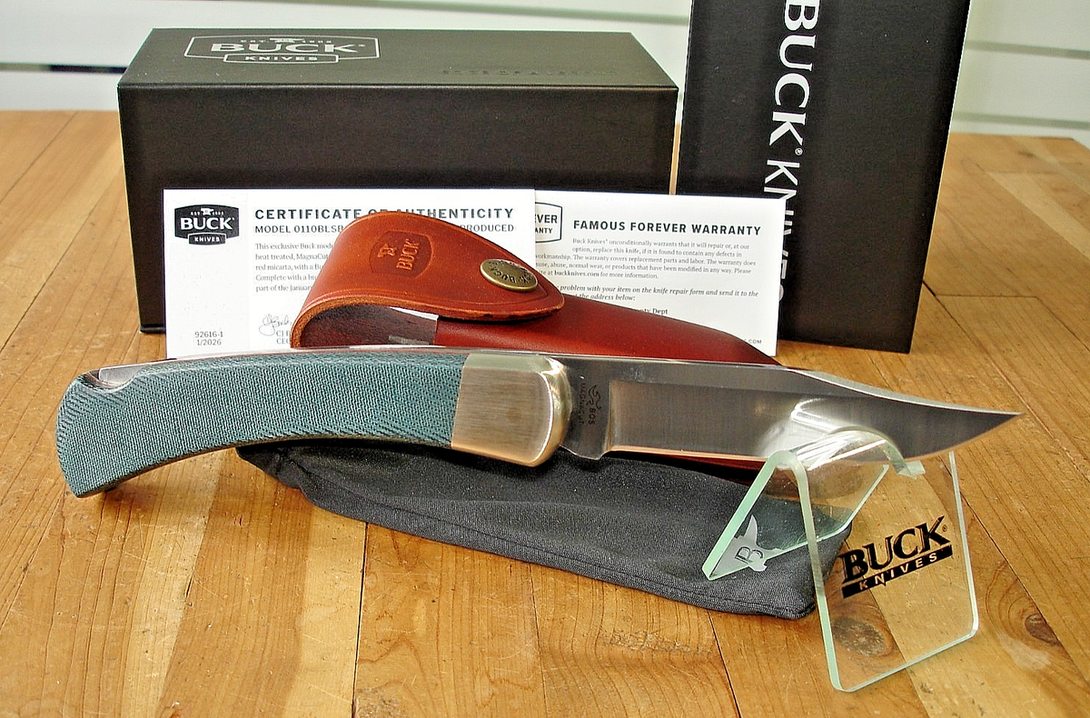 NIB BUCK KNIFE 110 BLSBOTM JAN 2026 BOS MAGNACUT BLADE DENIM & RED 