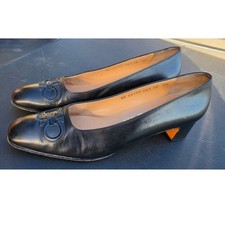 Salvatore Ferragamo Black Leather Gancini Square Toe Block Heel Pumps Size 10 AA