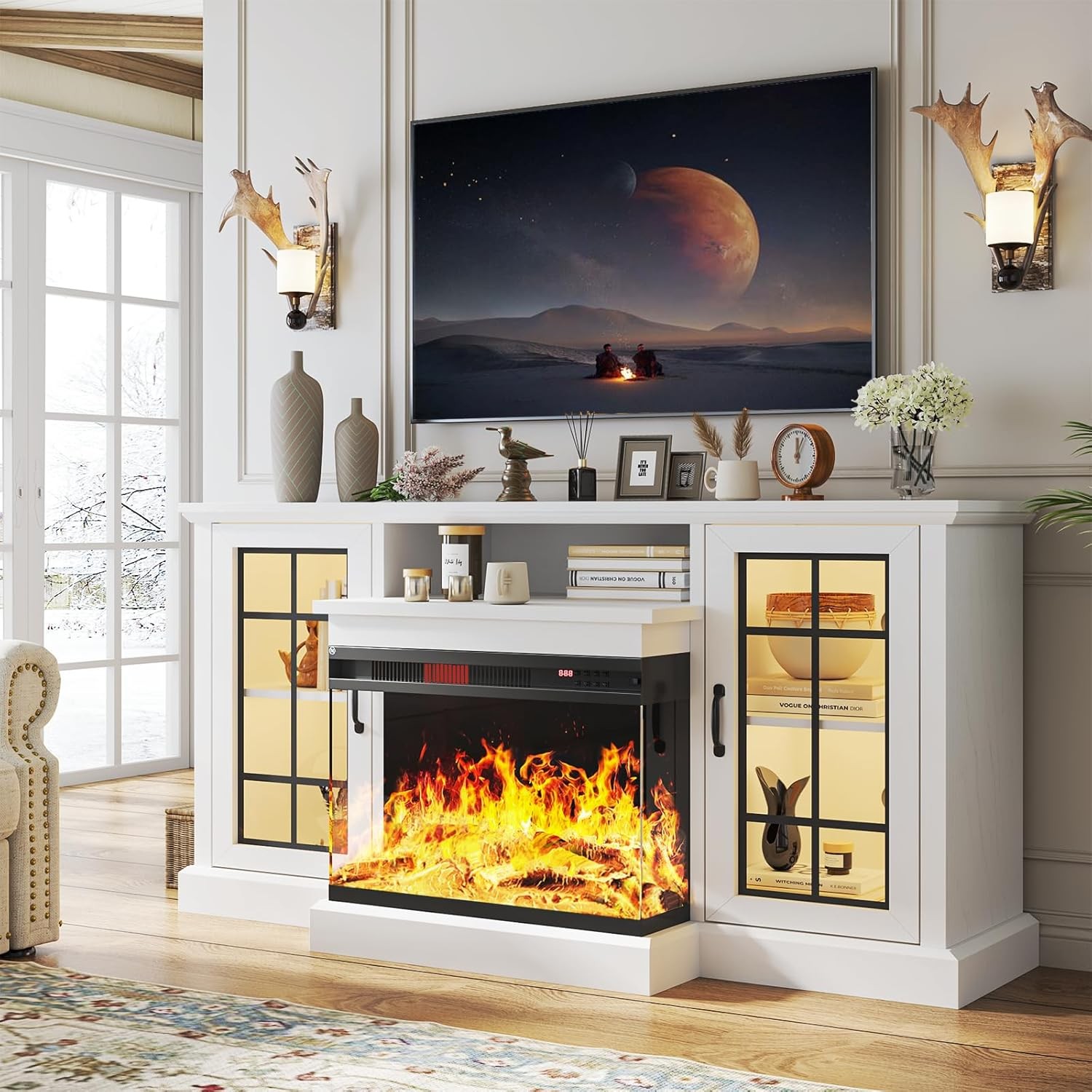 59'' Fireplace TV Stand, 3 Sided Glass Media Entertainment C