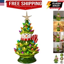 11" Ceramic Christmas Tree, Pre-lit Battery Operated Vintage Tabletop Snowman...