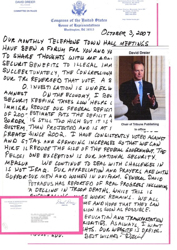 David Drier, California congressman, printed Free Frank and Letter of 2007 (5906