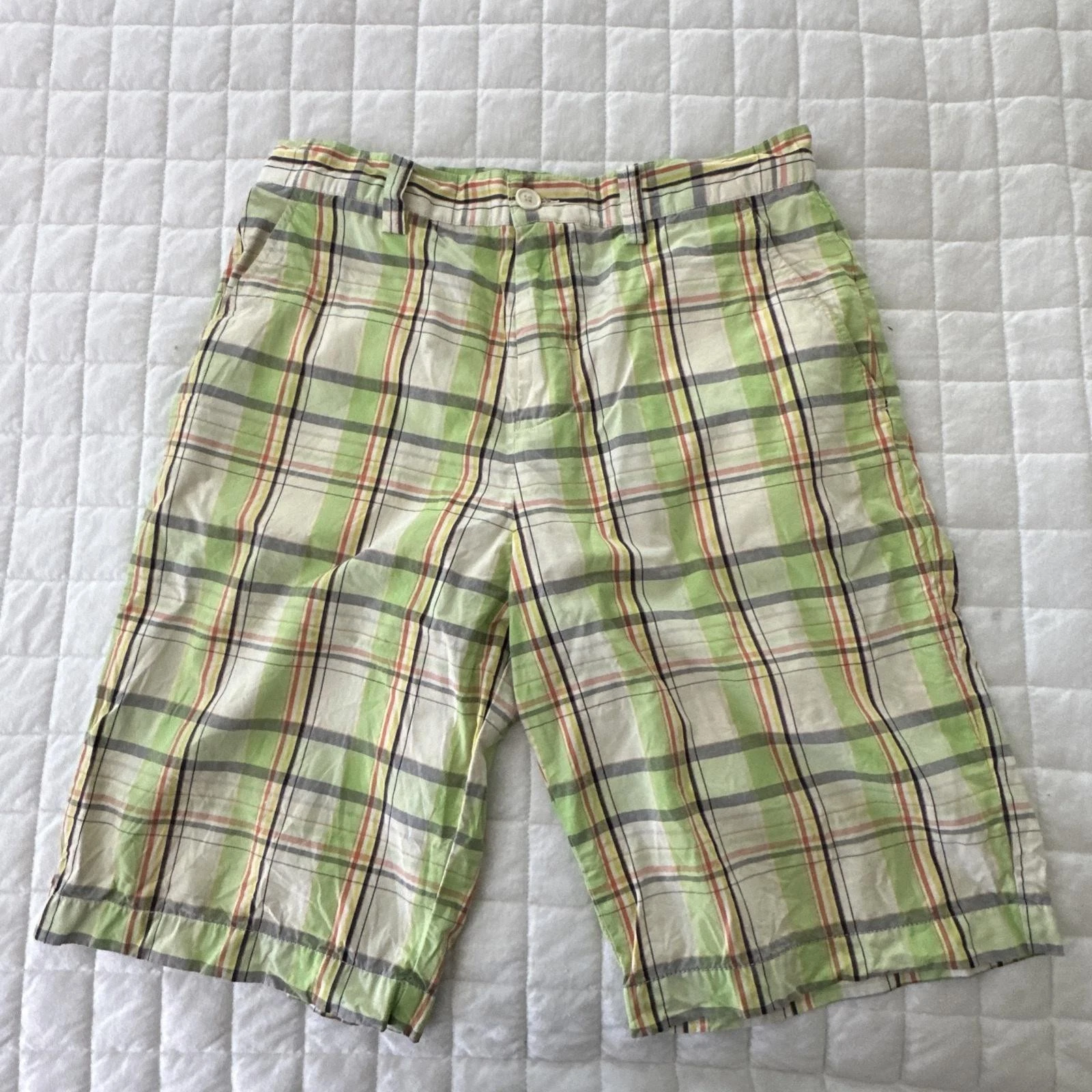 Vintage Lacoste Shorts Mens 32 Green Madras Plaid Chino Cotton Preppy Summer