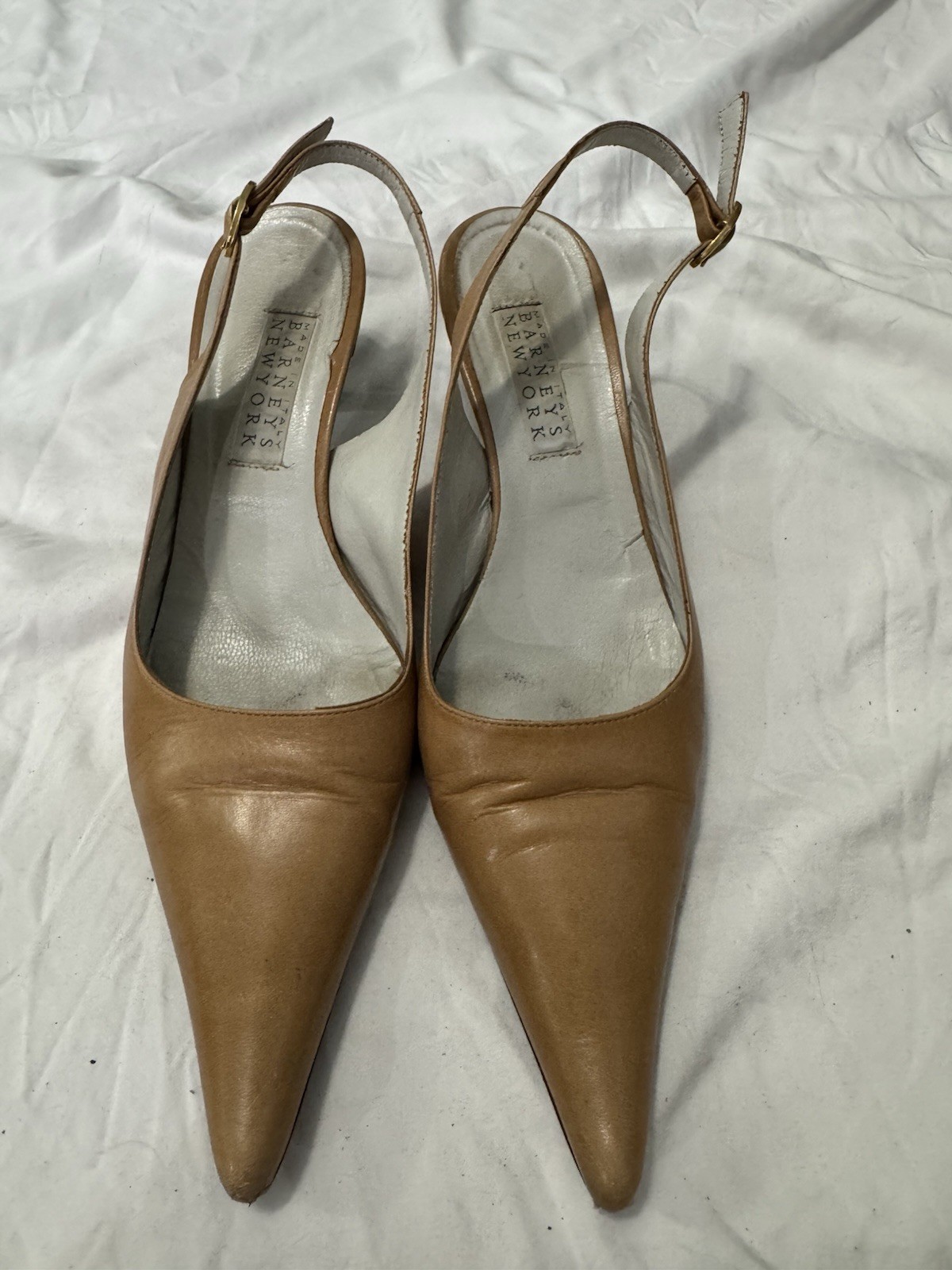 Size 7 Barney’s New York Tan Leather Pointed Toe Sling Back 3 Heel Pumps Italy