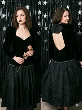 Vintage 80s Gunne Sax Black Velvet Prom Dress Goth Drop Waist Bow Back Size 13