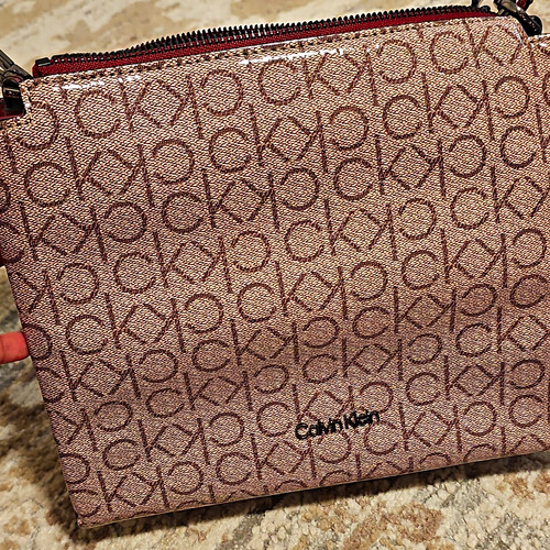 Calvin Klein CK Monogram Zip Crossbody Bag, Beige/Brown, Red Strap