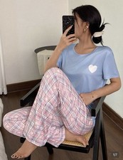 Shein Pink  Blue Heart  Plaid Pyjama Set Size L 12-14