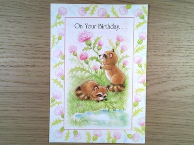 Olympia Birthday Greeting Card Raccoons Thistles Nature E-2080