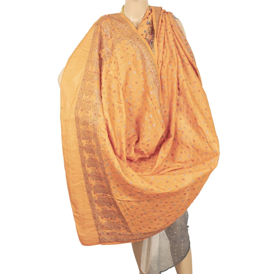 Sánskriti Vintage Naranja Dupatta Estola Larga Seda Pura Tejido a Mano Envoltura Hijab/Velo Foto 4 de 4