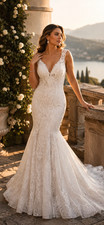 Allure Wedding Dress 10-12 Ivory Lace Princess Beaded Train Elegant Illusion
