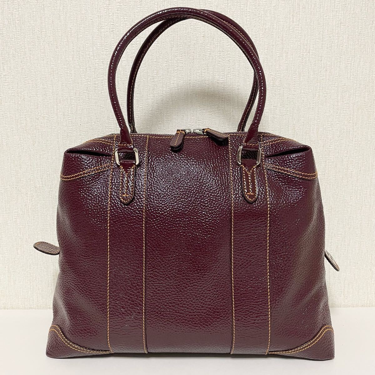 RARE FENDI Large Enamel Leather Stitch Boston Handbag in Bordeaux