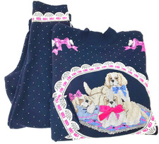 VTG 80s SPUMONI Puff Paint L/S Top Pant Set Girls L 12-14 Dots Bows Dogs Navy