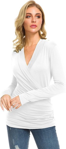 Afibi Womens Slim Fitted Deep V Neck Cross Wrap Top Long Sleeve Small, White - Picture 3 of 6