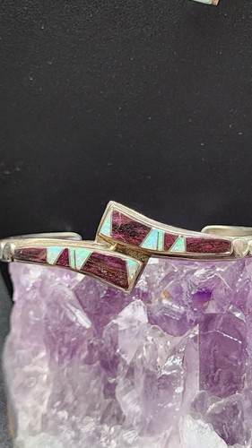 Collar brazalete de plata esterlina nativo americano púrpura espinoso ópalo ostra de colección - Imagen 2 de 9