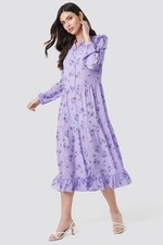 NA-KD Women's Dress Long Sleeve Front Button Ankle Dress, Purple, 34