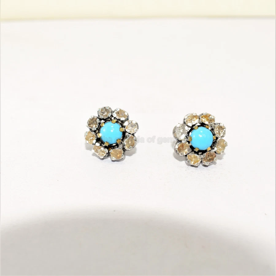 Polki Diamond Earrings With Turquoise 925 Sterling Silver Victorian Jewelry - Image 2 of 4