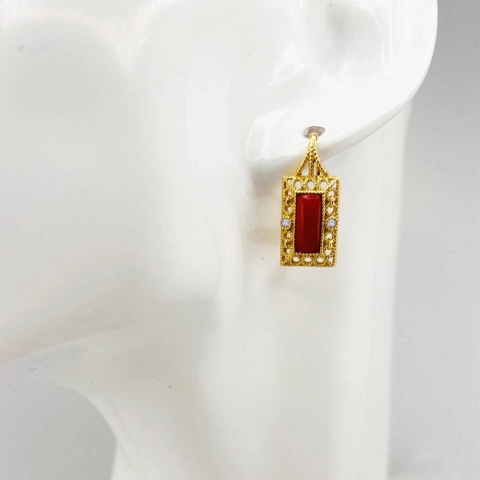 Orecchini pendenti Rettangolare in Corallo Rosso Naturale e Zirconi Argento 925 - Immagine 4 di 4