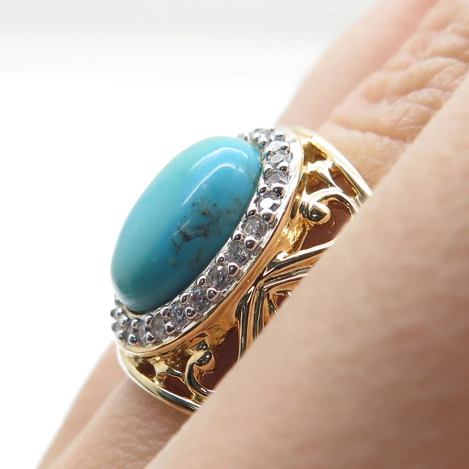 ROSS SIMONS 925 Sterling Silver Gold Plated Faux Turquoise & C Z Ring Size 6.25 - Image 2 of 4