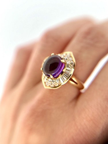 14k Gold Amethyst Cabochon Ballerina Cocktail Ring Natural Diamonds Accents - Picture 12 of 18