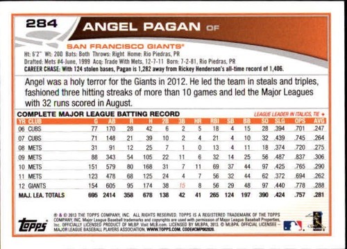 2013 Topps #284 Angel Pagan San Francisco Giants - Picture 2 of 2