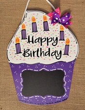 CHALKBOARD Happy Birthday CUPCAKE SIGN Wall Door Hanger Kid's Party Purple