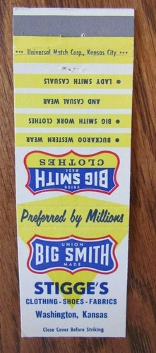 CLOTHING STORE MATCHBOOK COVER: STIGGE'S (WASHINGTON, KANSAS) -G23