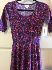 Lularoe Nicole Size XXS 0/00 Purple Red Floral Leafs Branches Fit & Flare Dress