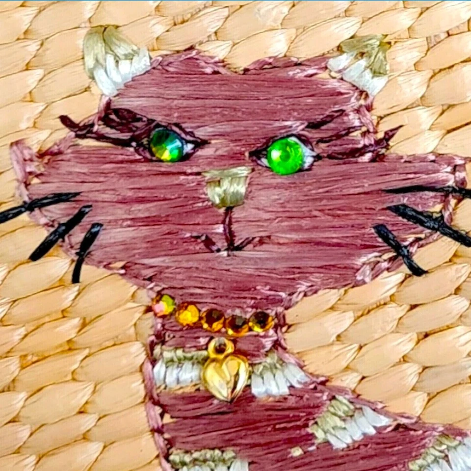 Винтажные кошки соломенная Дамская сумка деревянные ручки стразы глаза сумочки молнии котята Su - Изображение 3 из 4