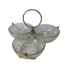 Vintage Libbey MCM Glass Gold Relish Condiment 3 Bowl Set Metal Gold tone Caddy