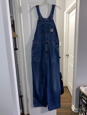 VTG Carhartt R07DST Denim Blue Carpenter Bib Overalls Men's Size 36X33 USA Made