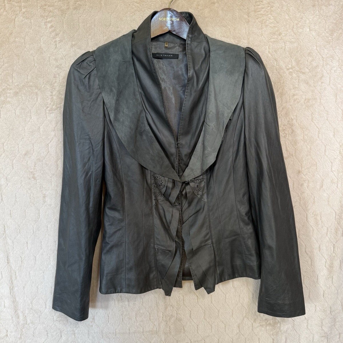 ジャケット・アウター Elie Tahari 2 (XS-S) ELIE TAHARI XS Linen Jacket Twill Taupe Grey Embroidered
