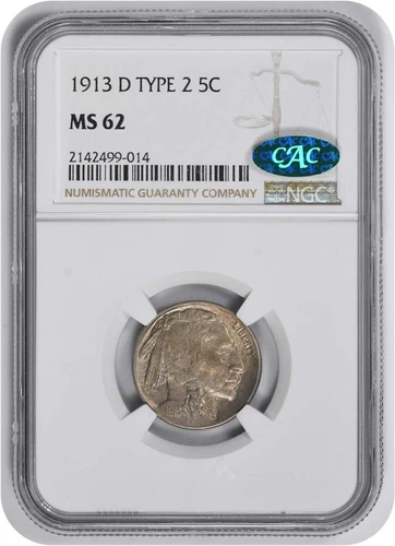 1913-D Buffalo Nickel Type 2 MS62 NGC (CAC)