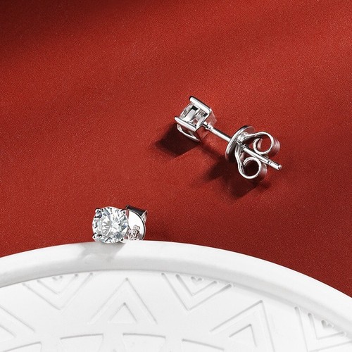 Real D Color Round Moissanite Stud Earrings 925 Sterling Silver Plated 18k Gold - Picture 5 of 17