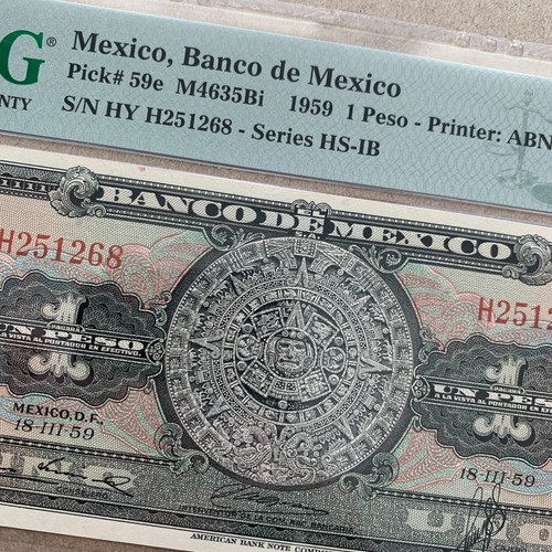 Aztec Calendar Mexico 1 Peso Banknote 1959 PMG 64 EPQ Mexican Certified P59e - 第 2/5 張圖片