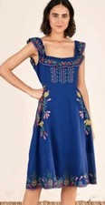 Farm Rio BLUE Embroidered cross stitch dress Size  S NEW