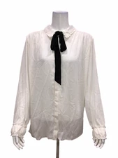 Dennis Basso Woven Tie-Neck Button-Front Blouse w/ Ruched Cuff Ivory Size 14  