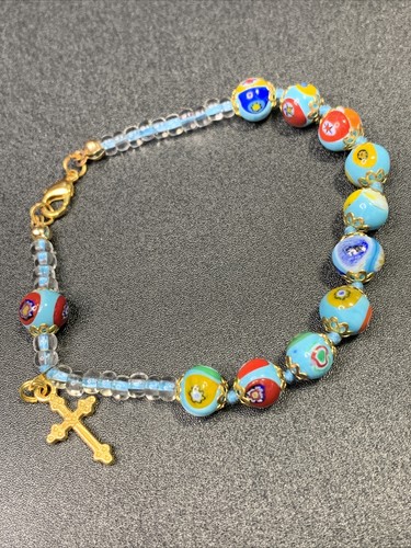 Vintage Christian  Cross Murano Italian Millefiori Bracelet Moretti Venetian 8”