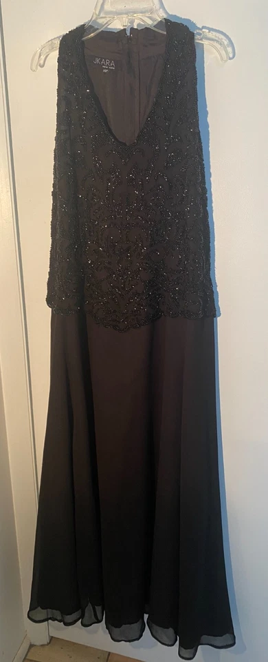 Vestido de Noche JKARA Negro Con Cuentas Embellecido Formal Vestido de Gasa - Talla 14P Foto 4 de 4